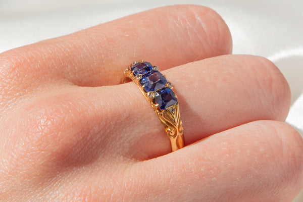 Victorian 18ct Gold Sapphire & Diamond Two Row Ring (83/O)