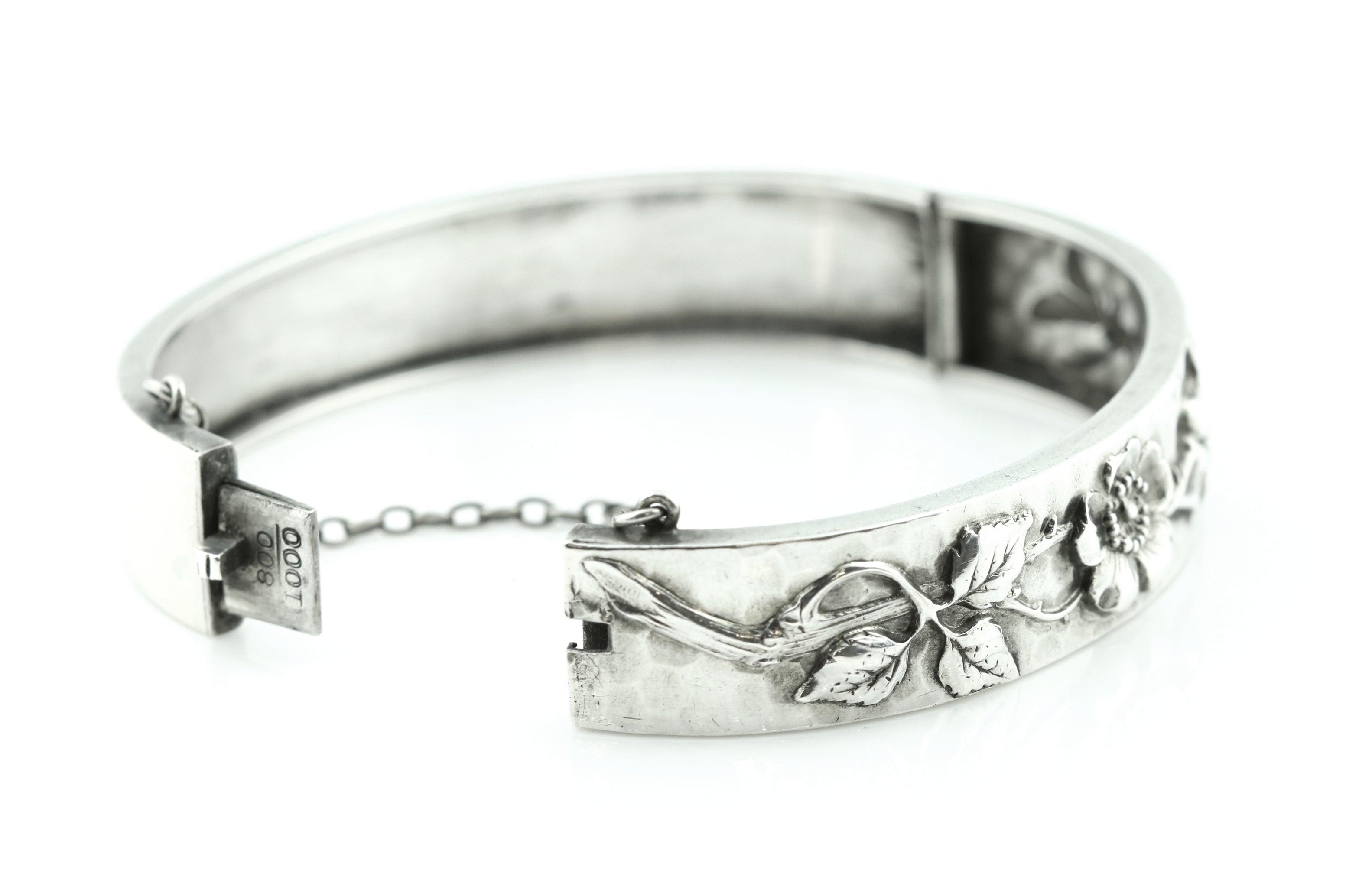 Darling Wild Rose Repousse Antique Silver Bangle c.1900 – Lillicoco